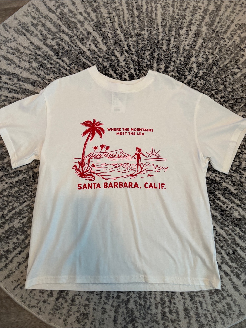 H&M White Short-Sleeve Tee with Red Santa Barbara Graphic